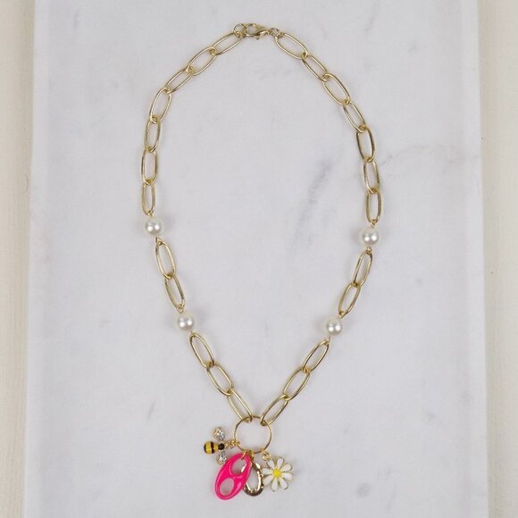 nwt charm necklace paperclip link chain enamel charms stars daisies neon pearls - Picture 5 of 5